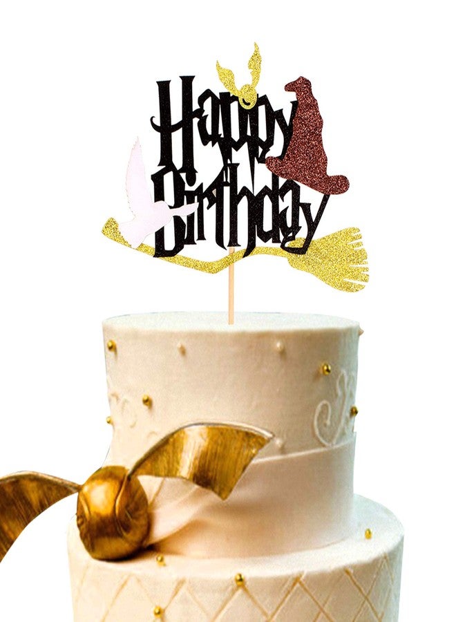 Festiko® 1 Pack Wizard Happy Birthday Cake Topper Black Glitter Harry P Inspired Cake Picks Wizard Themed Kids Birthday Party Decorations Supplies - Image 1